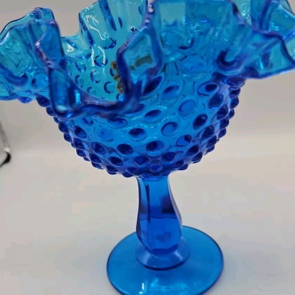FENTON Ruffled Hobnail Footed Blue Glass Dish. Original Sticker. 6"H X 5"D - Picture 5 of 11